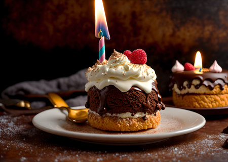 chocolate birthday cake whip cream cookie on the plate in the low moodie light in a cozy cafe. realistic Ai generate. cafe menu concept. restaurant picture design food photography. coffee shop pictureの素材