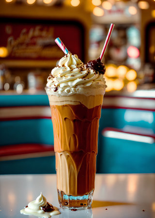 A glass of whipped cream coffee smoothie drinks on the table in a vintage cafe. beverage photography Ai generation. cafe photo concept. food menu concept. center composition. restaurant designの素材