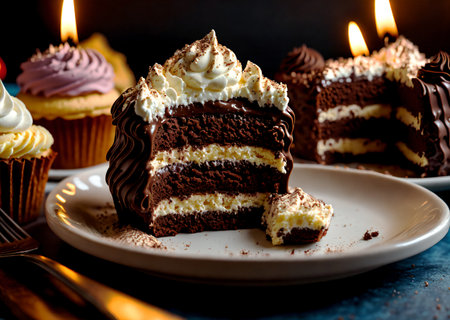 chocolate birthday cake whip cream cookie on the plate in the low moodie light in a cozy cafe. realistic Ai generate. cafe menu concept. restaurant picture design food photography. coffee shop pictureの素材