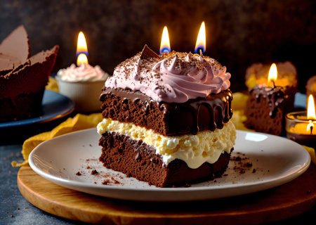 chocolate birthday cake whip cream cookie on the plate in the low moodie light in a cozy cafe. realistic Ai generate. cafe menu concept. restaurant picture design food photography. coffee shop pictureの素材