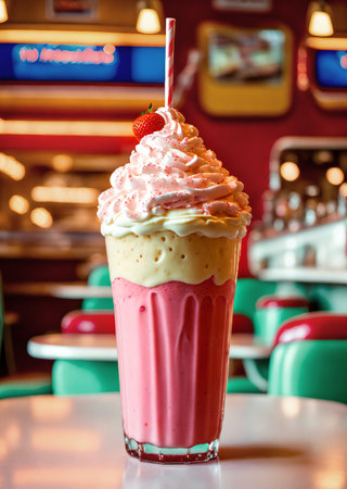 A glass of whipped cream coffee smoothie drinks on the table in a vintage cafe. beverage photography Ai generation. cafe photo concept. food menu concept. center composition. restaurant designの素材
