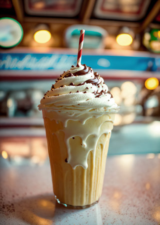 A glass of whipped cream coffee smoothie drinks on the table in a vintage cafe. beverage photography Ai generation. cafe photo concept. food menu concept. center composition. restaurant designの素材