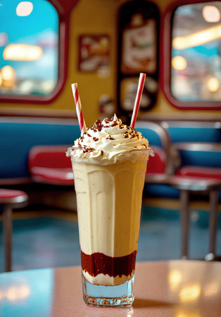 A glass of whipped cream coffee smoothie drinks on the table in a vintage cafe. beverage photography Ai generation. cafe photo concept. food menu concept. center composition. restaurant designの素材