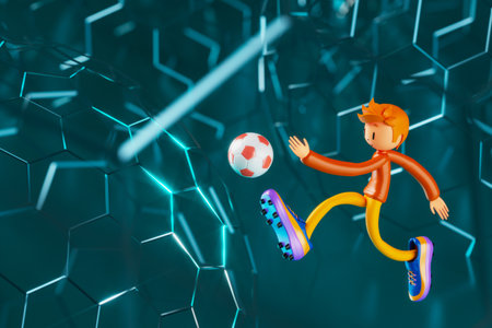 3D boy character football player in soccer action. 3d illustration. sports background concept. men kick motion. sports action person. graphic wallpaper. cartoon game soccer. creative poster layoutの写真素材