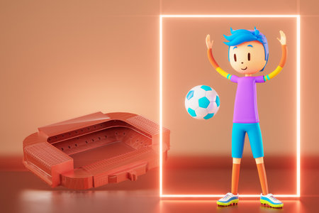 3D boy character football player in soccer action. 3d illustration. sports background concept. men kick motion. sports action person. graphic wallpaper. cartoon game soccer. creative poster layoutの写真素材