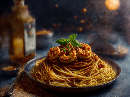 spaghetti pasta shrimp with tomato sauce. realistic. AI-generated illustration. on the rustic kitchen table decoration food menu concept design. restaurant menu set mint cheese ingredients. copy spaceの素材