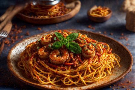 spaghetti pasta shrimp with tomato sauce. realistic. AI-generated illustration. on the rustic kitchen table decoration food menu concept design. restaurant menu set mint cheese ingredients. copy spaceの素材