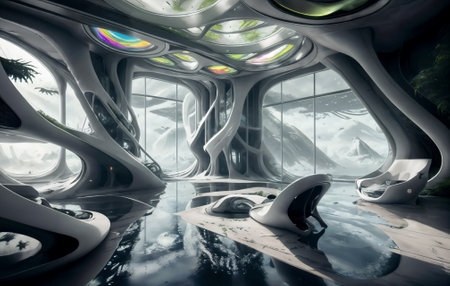 stadium sci-fi background futuristic. free from architecture exterior. AI generate image. future concept design. indoor metropolis environment.   cityscape metropolis. modern building landmark cyberの素材