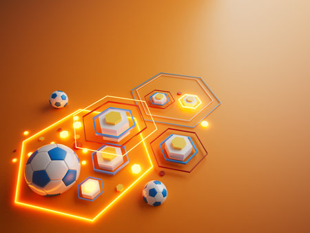 football ball 3d object. 3d illustration. graphic background element. sport abstract backdrop. soccer render design competition concept art. digital technology element beautiful lighting ground emptyの写真素材