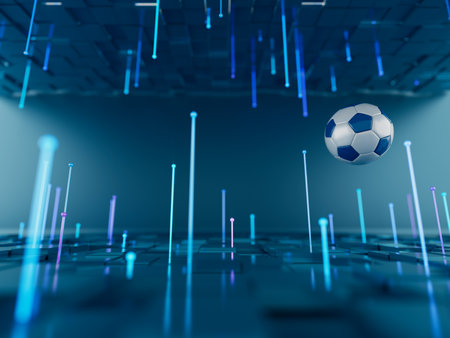 football ball 3d object. 3d illustration. graphic background element. sport abstract backdrop. soccer render design competition concept art. digital technology element beautiful lighting ground emptyの写真素材