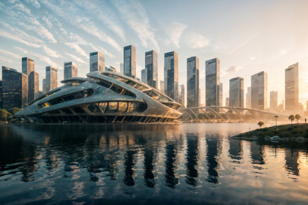 cityscape design illustration. Ai generates the image. architecture landscape city. background tower futuristic. urban skyline environment. sunset horizon. lake river town. metropolis downtown artの素材