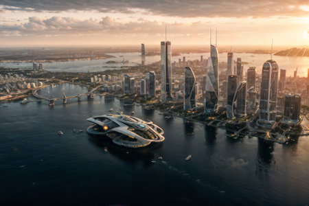 cityscape design illustration. Ai generates the image. architecture landscape city. background tower futuristic. urban skyline environment. sunset horizon. lake river town. metropolis downtown artの素材