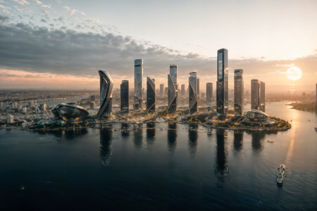 cityscape design illustration. Ai generates the image. architecture landscape city. background tower futuristic. urban skyline environment. sunset horizon. lake river town. metropolis downtown artの素材