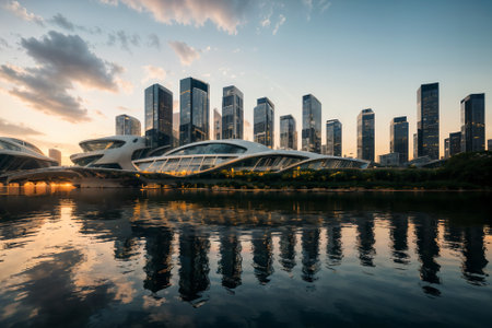 cityscape design illustration. Ai generates the image. architecture landscape city. background tower futuristic. urban skyline environment. sunset horizon. lake river town. metropolis downtown artの素材