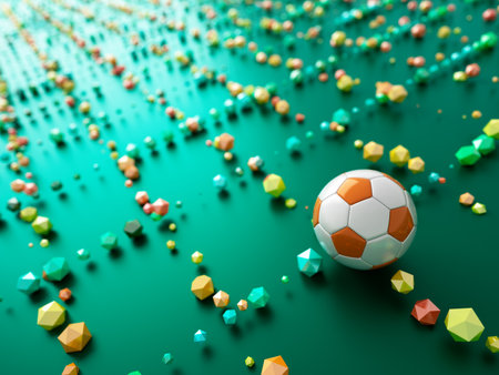 football ball 3d object. 3d illustration. graphic background element. sport abstract backdrop. soccer render design competition concept art. digital technology element beautiful lighting ground emptyの写真素材