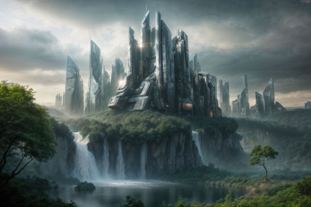 waterfall in the big green forrest, futuristic building city in the jungle. environment lake pool, wallpaper background. center landmark design. architecture nature concept. scenic point viewの素材