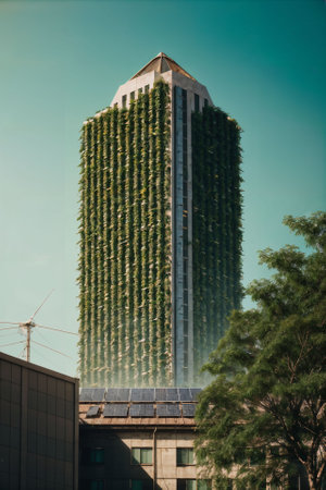 green building cityscape, tree nature futuristic, urban high sky, enery saver city, landscape eco environment garden center park, ai generate illustration, modern structure lifestyle. ecological plantの素材