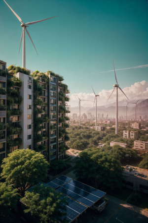 green building cityscape, tree nature futuristic, urban high sky, enery saver city, landscape eco environment garden center park, ai generate illustration, modern structure lifestyle. ecological plantの素材