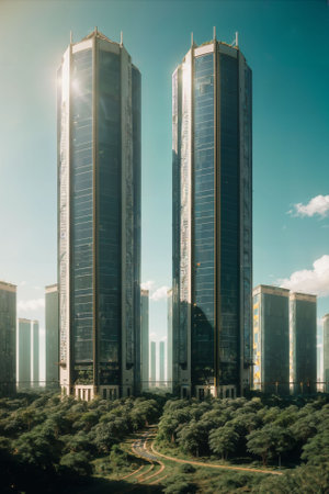 green building cityscape, tree nature futuristic, urban high sky, enery saver city, landscape eco environment garden center park, ai generate illustration, modern structure lifestyle. ecological plantの素材