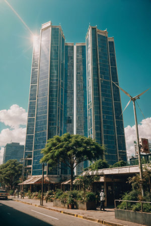 green building cityscape, tree nature futuristic, urban high sky, enery saver city, landscape eco environment garden center park, ai generate illustration, modern structure lifestyle. ecological plantの素材