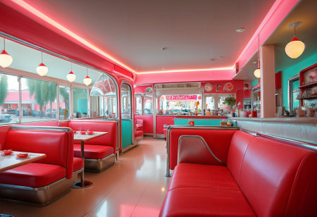 interior retro restaurant. colorful architecture loft art. Ai generate illustration. low moody daylight. sofa furniture cute. young home design. bar classic. vintage store antique traditional.の素材