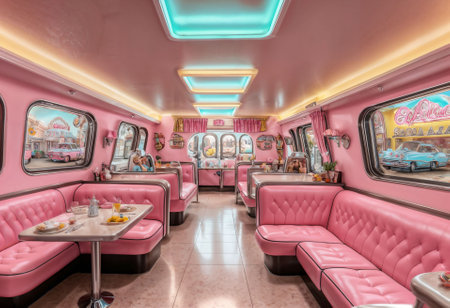 interior retro restaurant. colorful architecture loft art. Ai generate illustration. low moody daylight. sofa furniture cute. young home design. bar classic. vintage store antique traditional.の素材