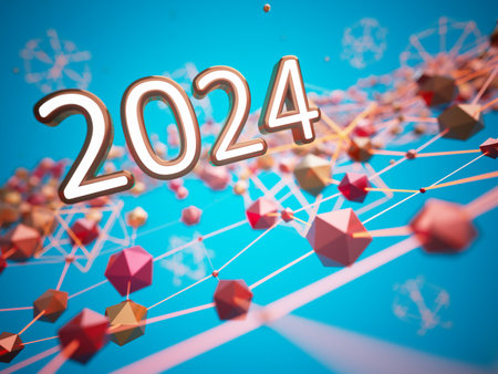 happy new year festival party, graphic abstract design. celebration geometric. happy decoration idea. 2024 number text. christmas art winter wallpaper. background sparkle rendering, 3d illustrationの写真素材