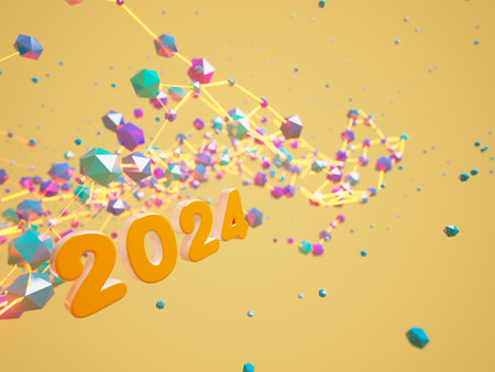 happy new year festival party, graphic abstract design. celebration geometric. happy decoration idea. 2024 number text. christmas art winter wallpaper. background sparkle rendering, 3d illustrationの写真素材