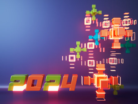 happy new year festival party, graphic abstract design. celebration geometric. happy decoration idea. 2024 number text. christmas art winter wallpaper. background sparkle rendering, 3d illustrationの写真素材