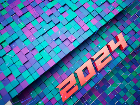 happy new year festival party, graphic abstract design. celebration geometric. happy decoration idea. 2024 number text. christmas art winter wallpaper. background sparkle rendering, 3d illustrationの写真素材