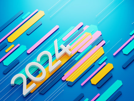 happy new year festival party, graphic abstract design. celebration geometric. happy decoration idea. 2024 number text. christmas art winter wallpaper. background sparkle rendering, 3d illustrationの写真素材