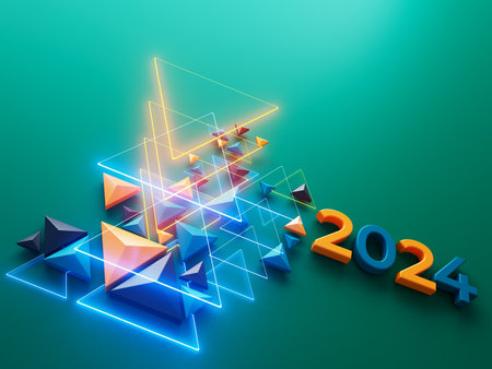 happy new year festival party, graphic abstract design. celebration geometric. happy decoration idea. 2024 number text. christmas art winter wallpaper. background sparkle rendering, 3d illustrationの写真素材