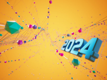 happy new year festival party, graphic abstract design. celebration geometric. happy decoration idea. 2024 number text. christmas art winter wallpaper. background sparkle rendering, 3d illustrationの写真素材