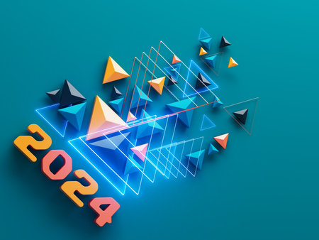 happy new year festival party, graphic abstract design. celebration geometric. happy decoration idea. 2024 number text. christmas art winter wallpaper. background sparkle rendering, 3d illustrationの写真素材