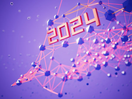 happy new year festival party, graphic abstract design. celebration geometric. happy decoration idea. 2024 number text. christmas art winter wallpaper. background sparkle rendering, 3d illustrationの写真素材