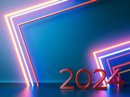 happy new year festival party, graphic abstract design. celebration geometric. happy decoration idea. 2024 number text. christmas art winter wallpaper. background sparkle rendering, 3d illustrationの写真素材