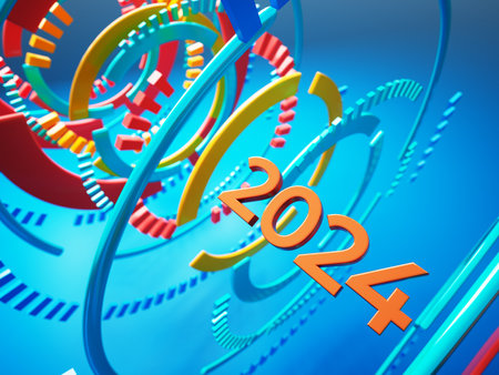 happy new year festival party, graphic abstract design. celebration geometric. happy decoration idea. 2024 number text. christmas art winter wallpaper. background sparkle rendering, 3d illustrationの写真素材