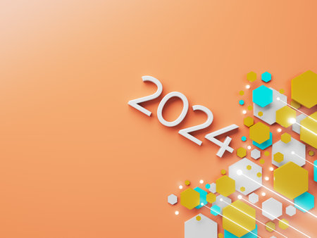 happy new year festival party, graphic abstract design. celebration geometric. happy decoration idea. 2024 number text. christmas art winter wallpaper. background sparkle rendering, 3d illustrationの写真素材