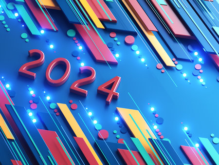 happy new year festival party, graphic abstract design. celebration geometric. happy decoration idea. 2024 number text. christmas art winter wallpaper. background sparkle rendering, 3d illustrationの写真素材