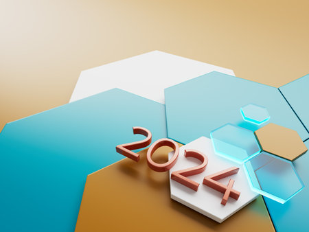 happy new year festival party, graphic abstract design. celebration geometric. happy decoration idea. 2024 number text. christmas art winter wallpaper. background sparkle rendering, 3d illustrationの写真素材
