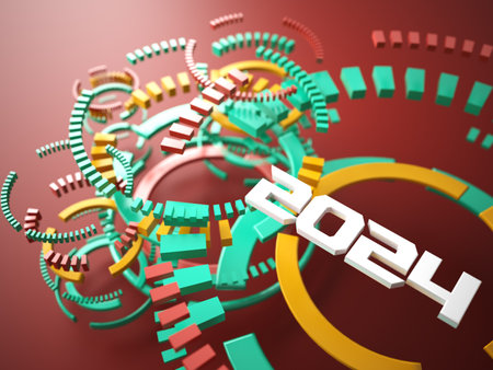 happy new year festival party, graphic abstract design. celebration geometric. happy decoration idea. 2024 number text. christmas art winter wallpaper. background sparkle rendering, 3d illustrationの写真素材