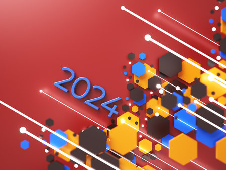 happy new year festival party, graphic abstract design. celebration geometric. happy decoration idea. 2024 number text. christmas art winter wallpaper. background sparkle rendering, 3d illustrationの写真素材