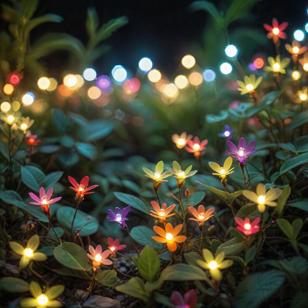 flower plant in the night garden. New Year light decoration. shallow focus. beauty closeup background. bloom fairy concept. abstract glowing wallpaper. celebration event light. colourful environmentの素材
