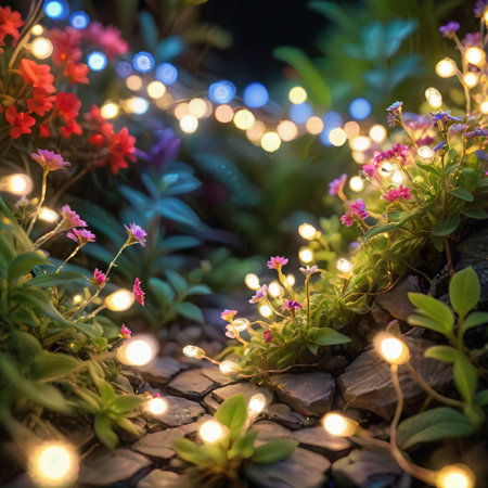 flower plant in the night garden. New Year light decoration. shallow focus. beauty closeup background. bloom fairy concept. abstract glowing wallpaper. celebration event light. colourful environmentの素材