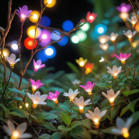 flower plant in the night garden. New Year light decoration. shallow focus. beauty closeup background. bloom fairy concept. abstract glowing wallpaper. celebration event light. colourful environmentの素材