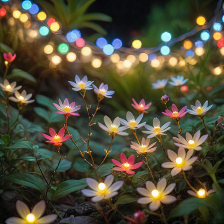 flower plant in the night garden. New Year light decoration. shallow focus. beauty closeup background. bloom fairy concept. abstract glowing wallpaper. celebration event light. colourful environmentの素材