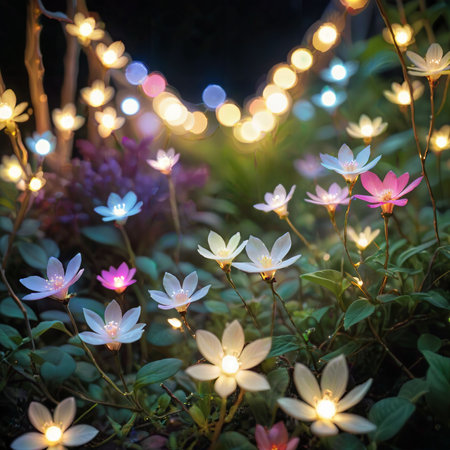 flower plant in the night garden. New Year light decoration. shallow focus. beauty closeup background. bloom fairy concept. abstract glowing wallpaper. celebration event light. colourful environmentの素材
