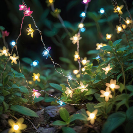flower plant in the night garden. New Year light decoration. shallow focus. beauty closeup background. bloom fairy concept. abstract glowing wallpaper. celebration event light. colourful environmentの素材