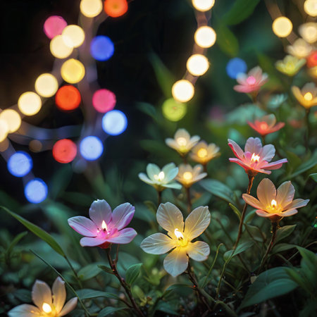 flower plant in the night garden. New Year light decoration. shallow focus. beauty closeup background. bloom fairy concept. abstract glowing wallpaper. celebration event light. colourful environmentの素材