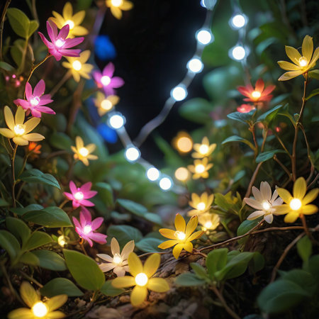 flower plant in the night garden. New Year light decoration. shallow focus. beauty closeup background. bloom fairy concept. abstract glowing wallpaper. celebration event light. colourful environmentの素材